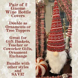 Set of 2 Gnome Wine Bottle Gift Cover for Baskets, Ornaments, Tree Topper